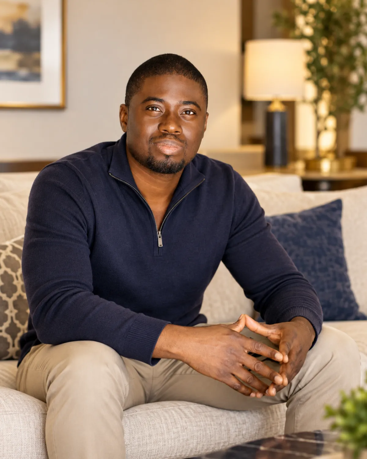 Chi Odogwu in a navy sweater, seated with his hands clasped