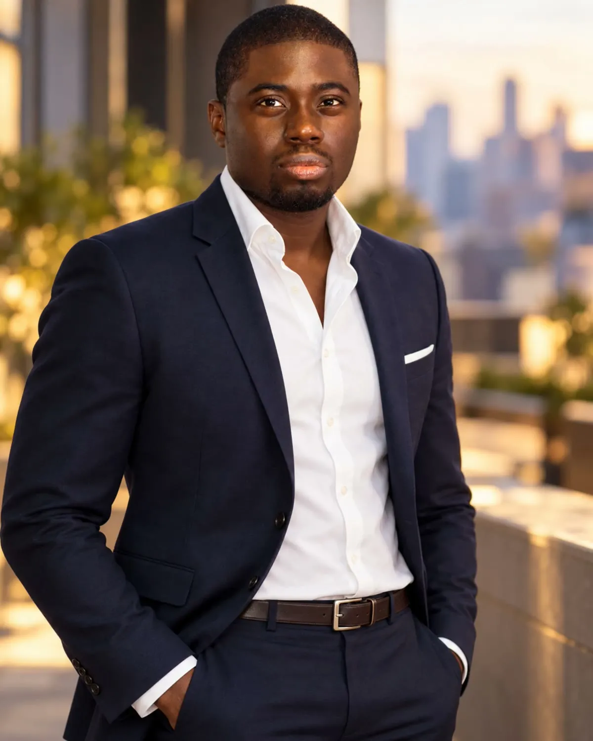 Chi Odogwu in a navy suit on a rooftop terrace