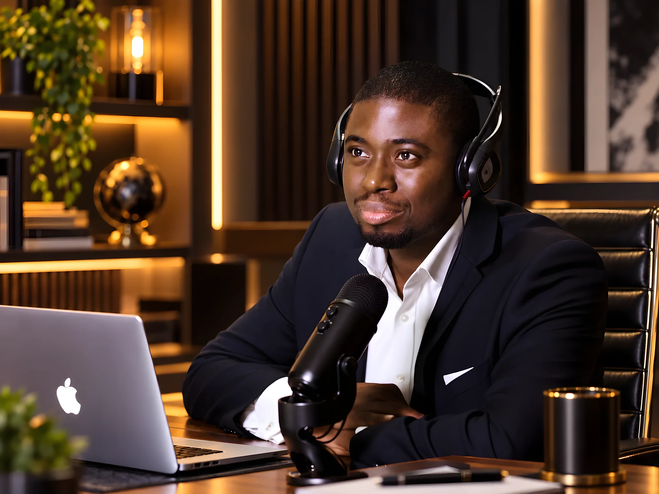 Chi Odogwu in headphones at a podcast microphone