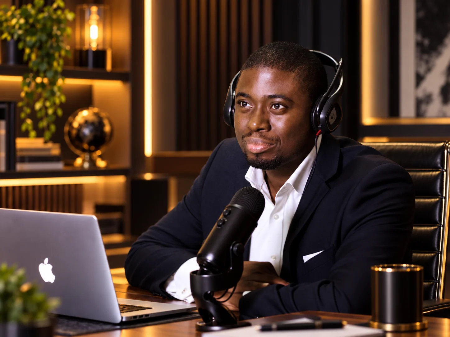 Chi Odogwu in headphones at a podcast microphone
