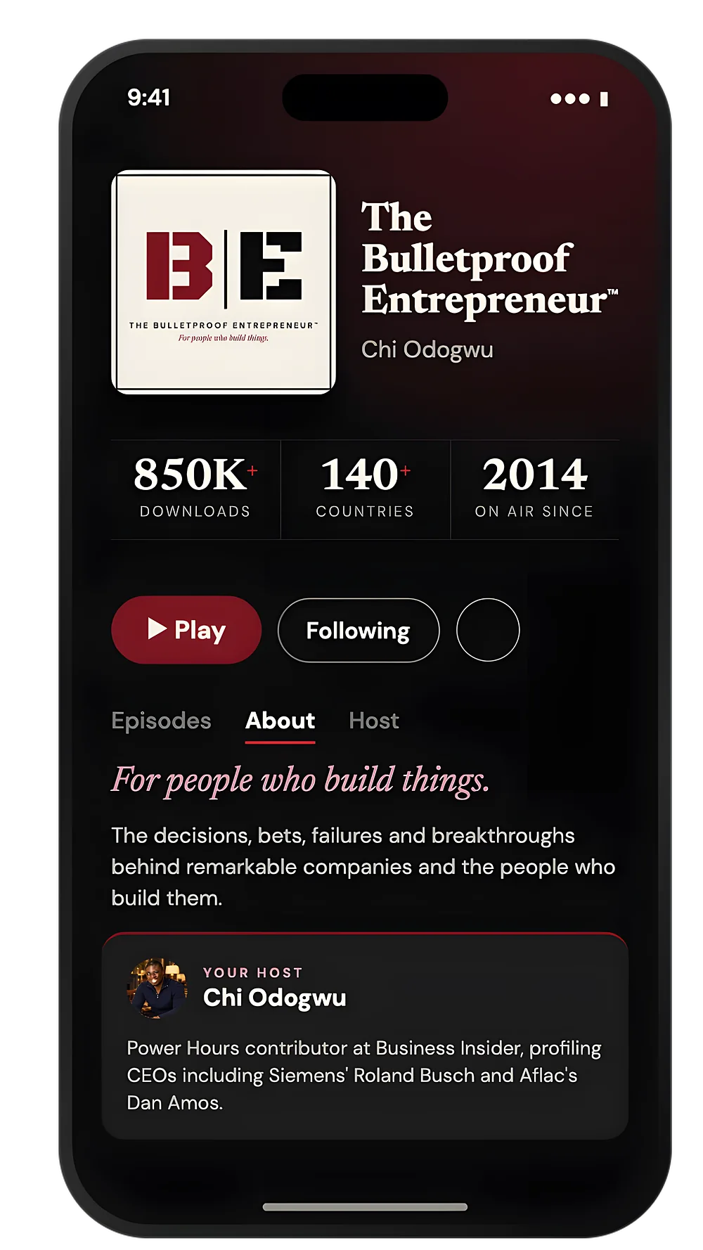 The Bulletproof Entrepreneur podcast on a phone, with the B and E cover art