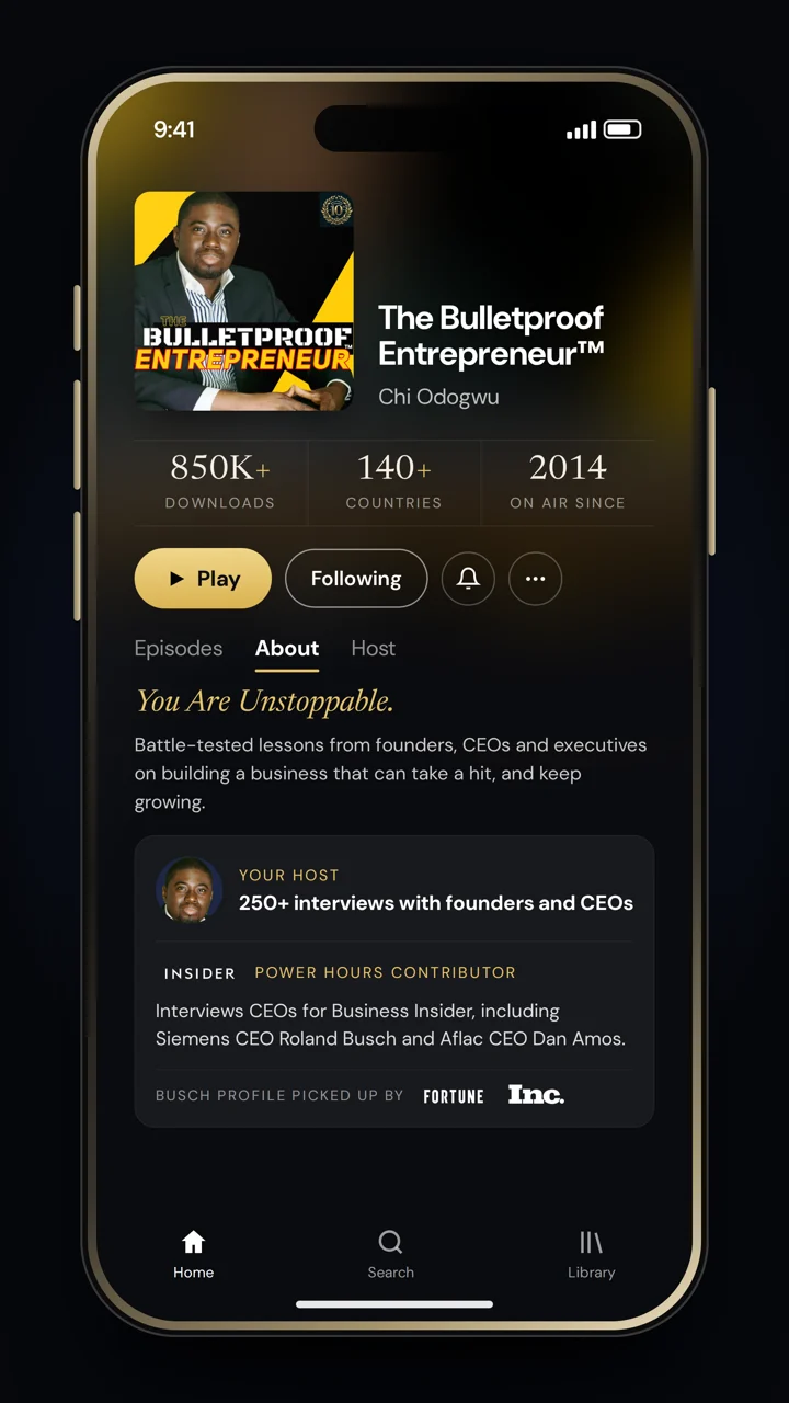 The Bulletproof Entrepreneur podcast on a phone: 850K+ downloads, 140+ countries, on air since 2014