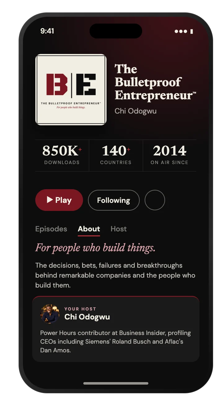 The Bulletproof Entrepreneur podcast on a phone, with the B and E cover art